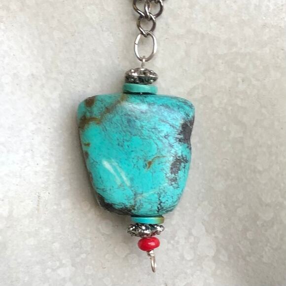 Boho Chunky Turquoise Stone Pendant w/ Sterling Silver Curb Link Chain Necklace - Picture 3 of 6